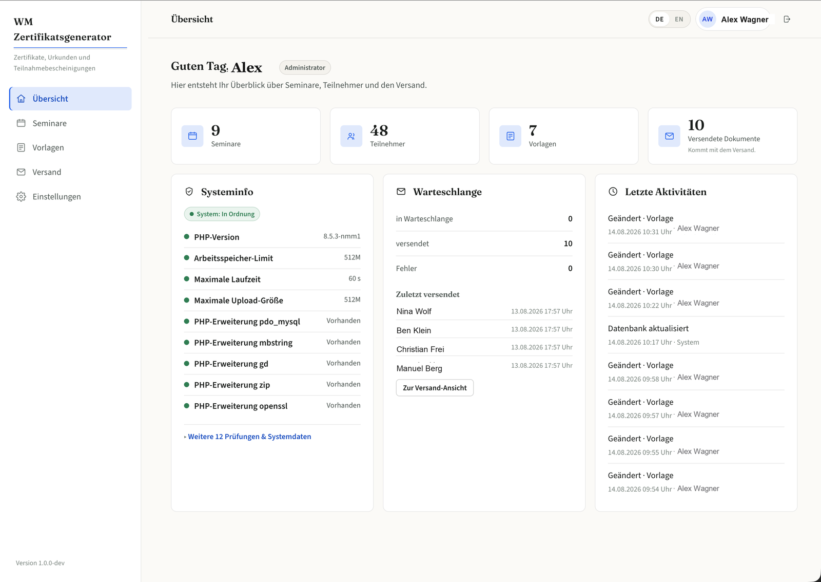Dashboard des WM Zertifikatsgenerators mit Übersicht über Seminare, Teilnehmer, Vorlagen und Versand