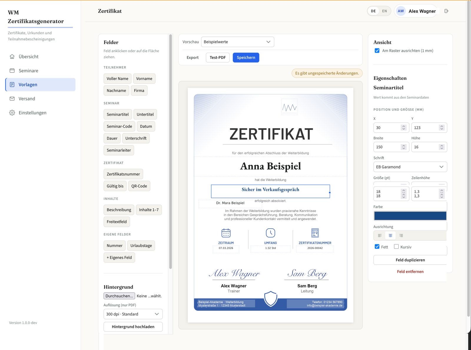 Vorlagen-Editor mit frei platzierbaren Feldern und Live-Vorschau eines Zertifikats