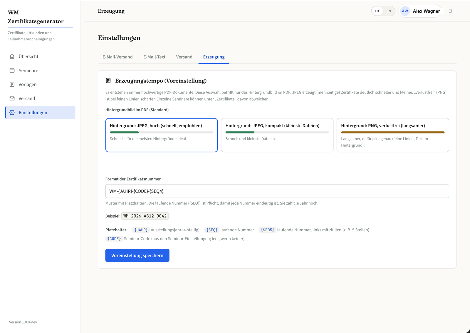 Erzeugungs-Einstellungen mit frei definierbarem Format der Zertifikatsnummer